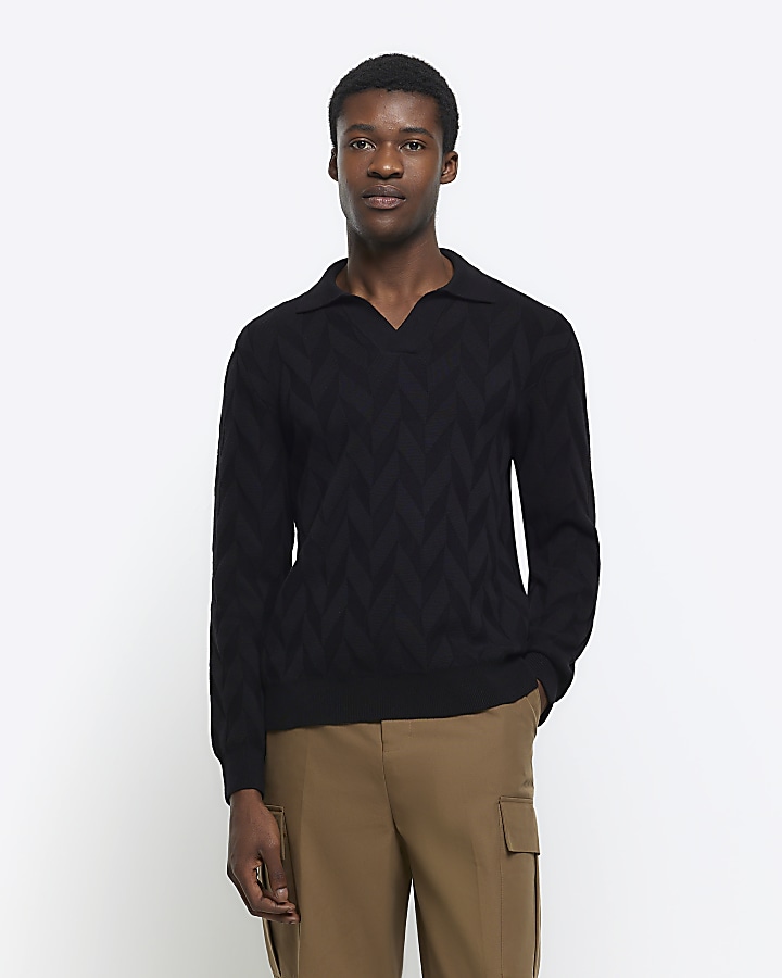 Black slim fit textured knit long sleeve polo