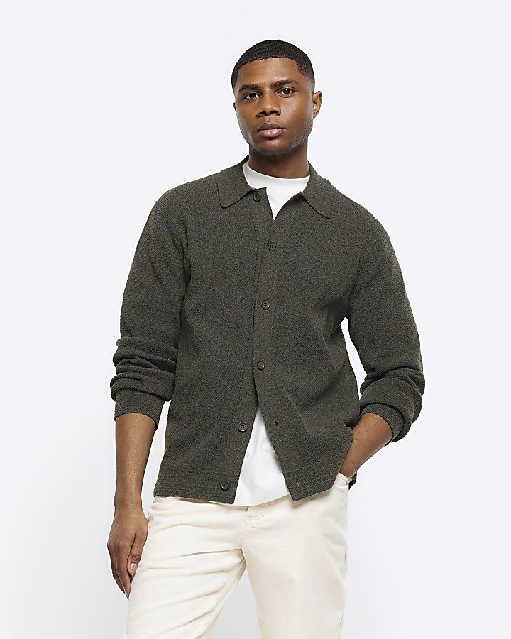 Green slim fit boucle knit cardigan