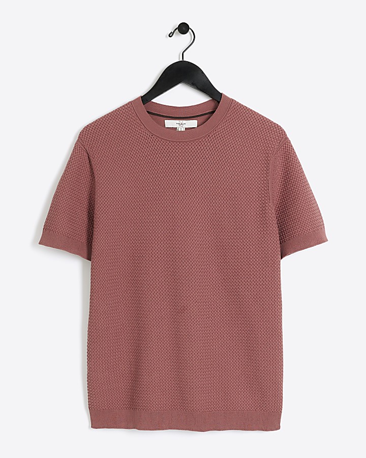 Pink slim fit textured knit t-shirt
