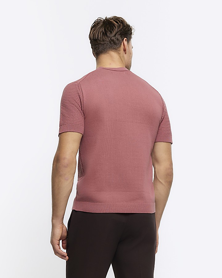 Pink slim fit textured knit t-shirt