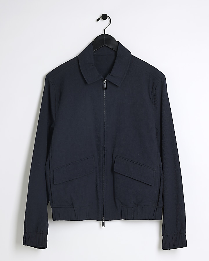 Navy regular fit seersucker zip jacket