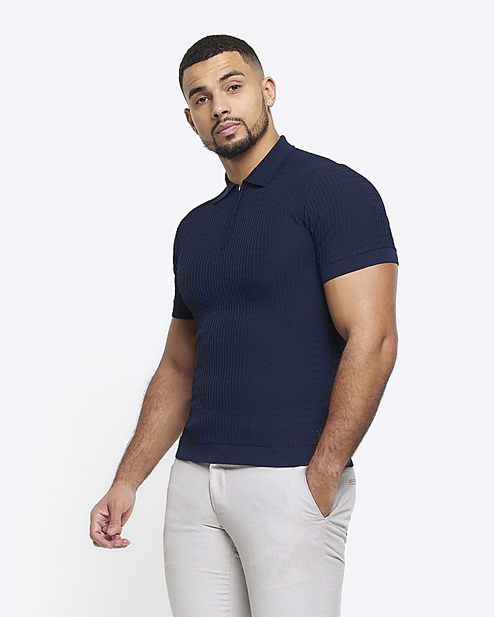 Navy muscle fit knitted half zip polo
