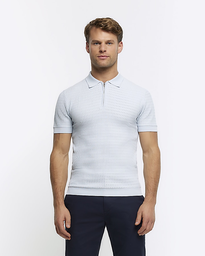 Blue muscle fit knitted half zip polo