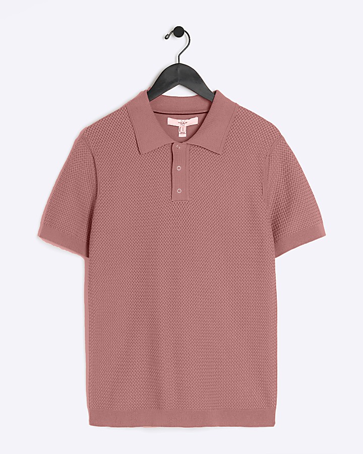 Pink slim fit textured knit polo