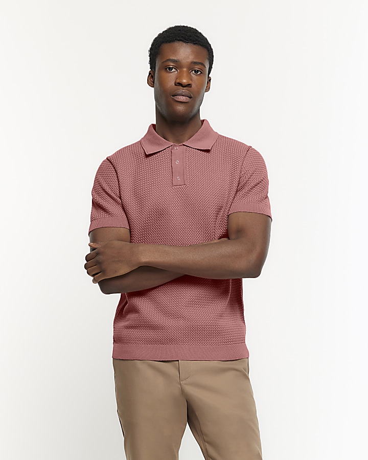 Pink slim fit textured knit polo