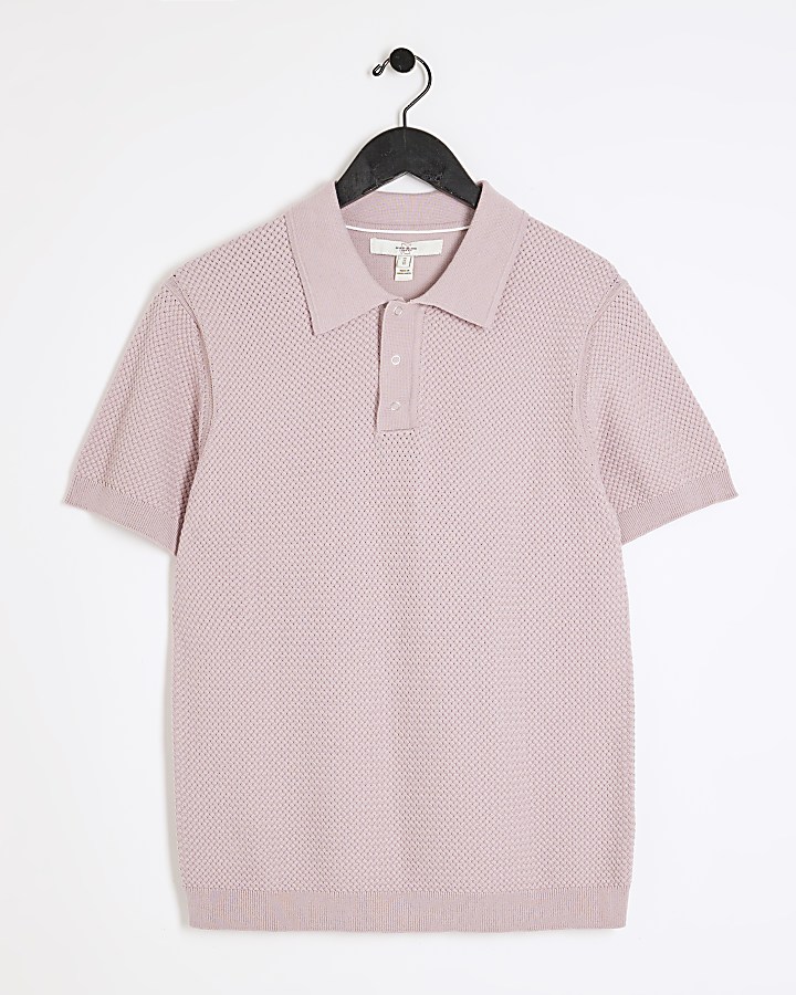 Purple slim fit textured knitted polo t-shirt