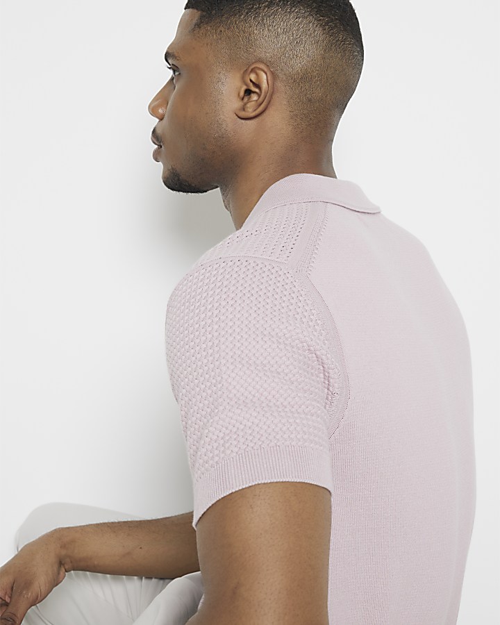 Purple slim fit textured knitted polo t-shirt