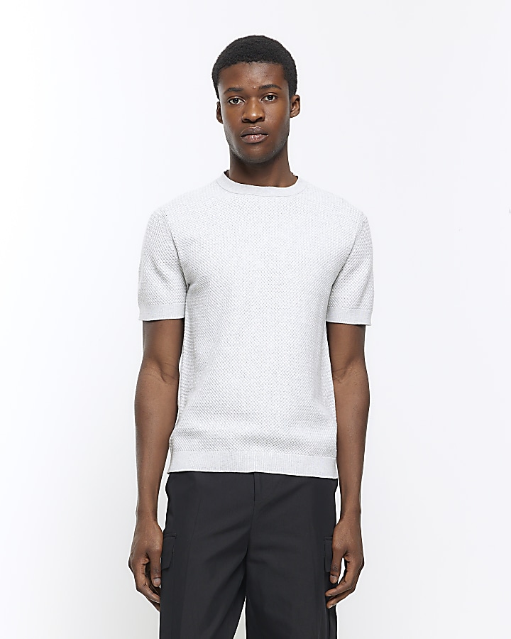Grey slim fit textured knit t-shirt | River Island