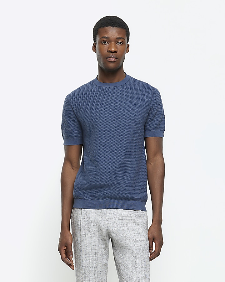 Blue slim fit textured knit t-shirt