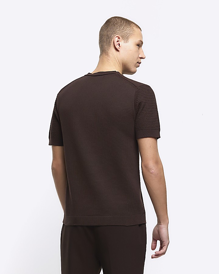 Brown slim fit textured knitted t-shirt