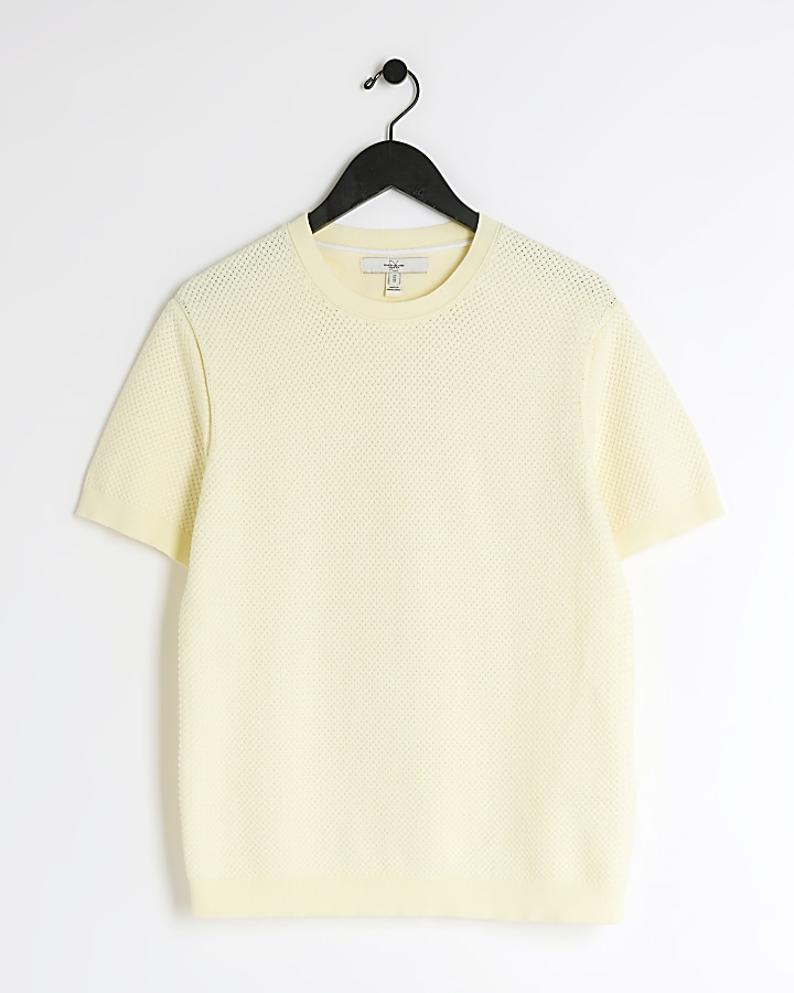 Yellow slim fit textured knit t-shirt