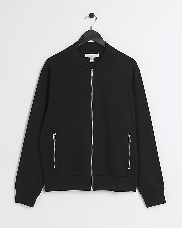 Black slim fit zip up smart bomber jacket