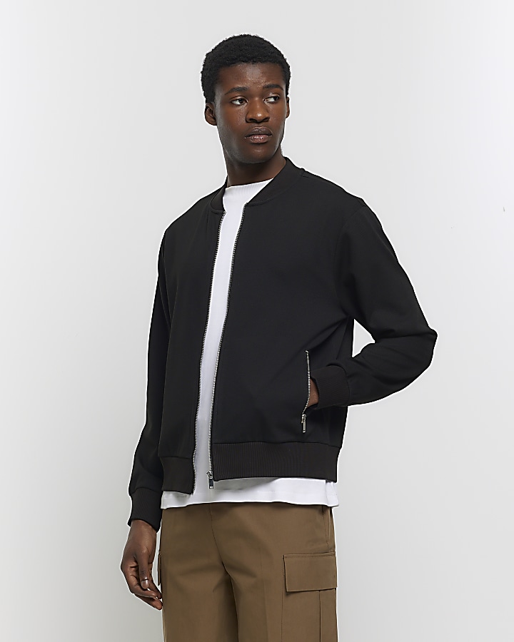 Black slim fit zip up smart bomber jacket | River Island