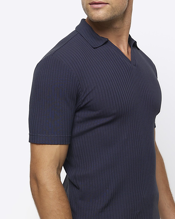 Navy muscle fit rib open collar polo