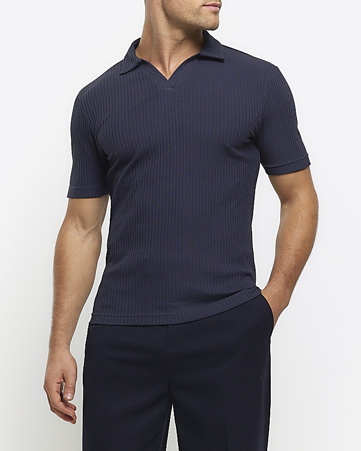 Navy muscle fit rib open collar polo