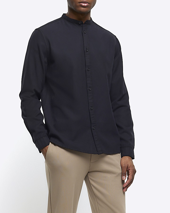 Black slim fit grandad collar shirt | River Island