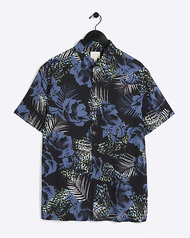 Blue regular fit floral short sleeve shirt