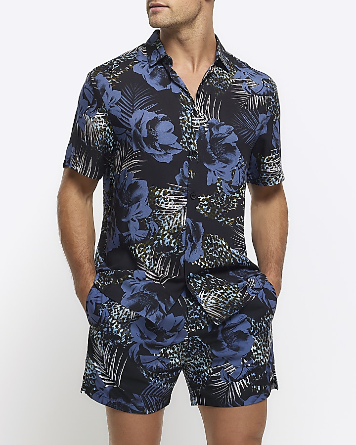 Blue regular fit floral short sleeve shirt