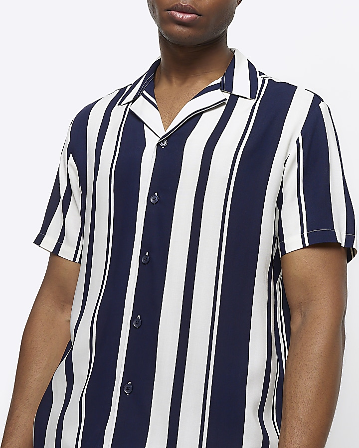 Navy regular fit stripe revere shirt