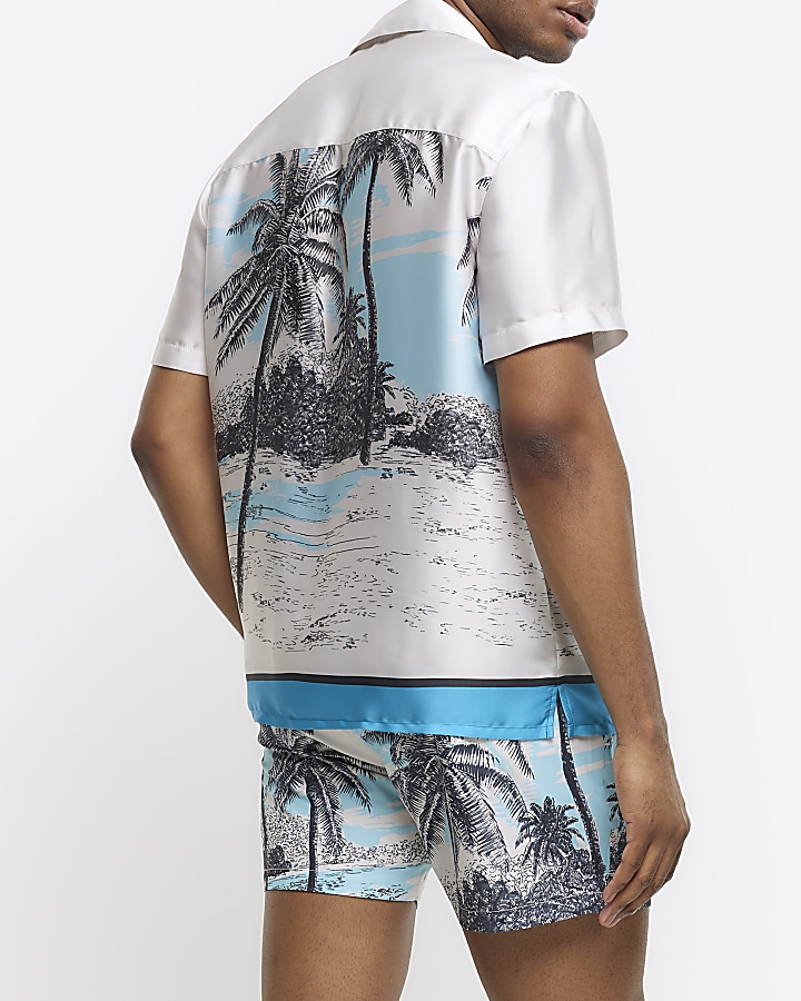 Ecru regular fit palm tree graphic shirt