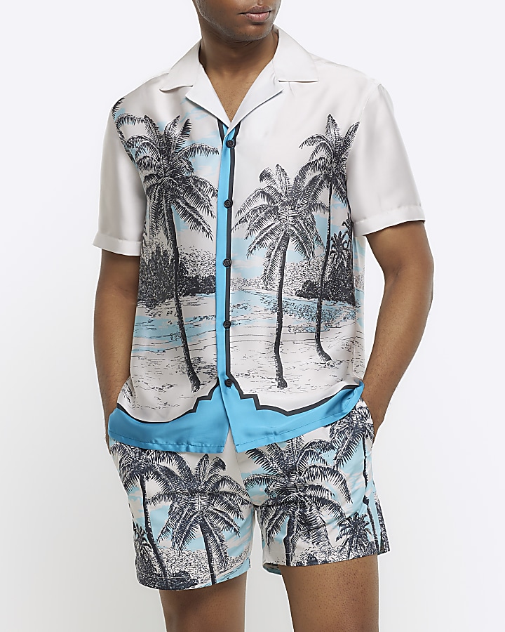 Beige regular fit palm tree graphic shirt