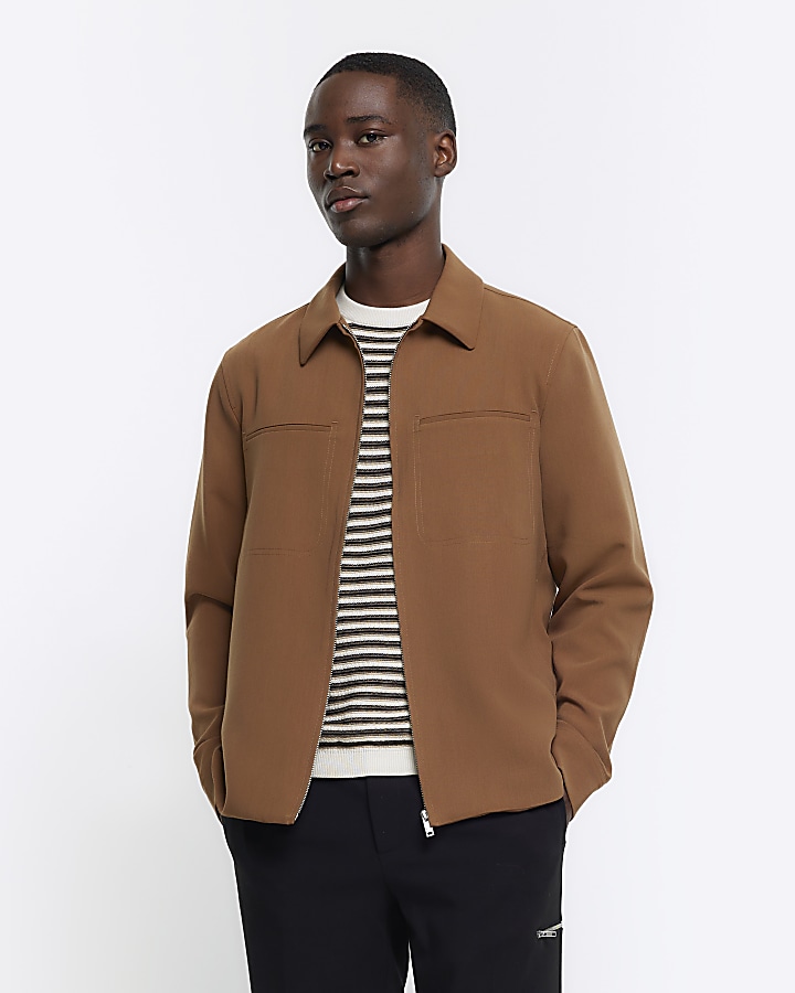 Brown regular fit zip up smart shacket | River Island