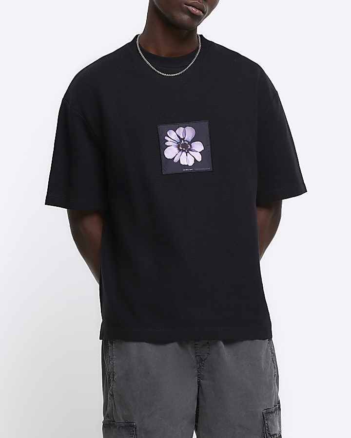 Black regular fit floral patch t-shirt