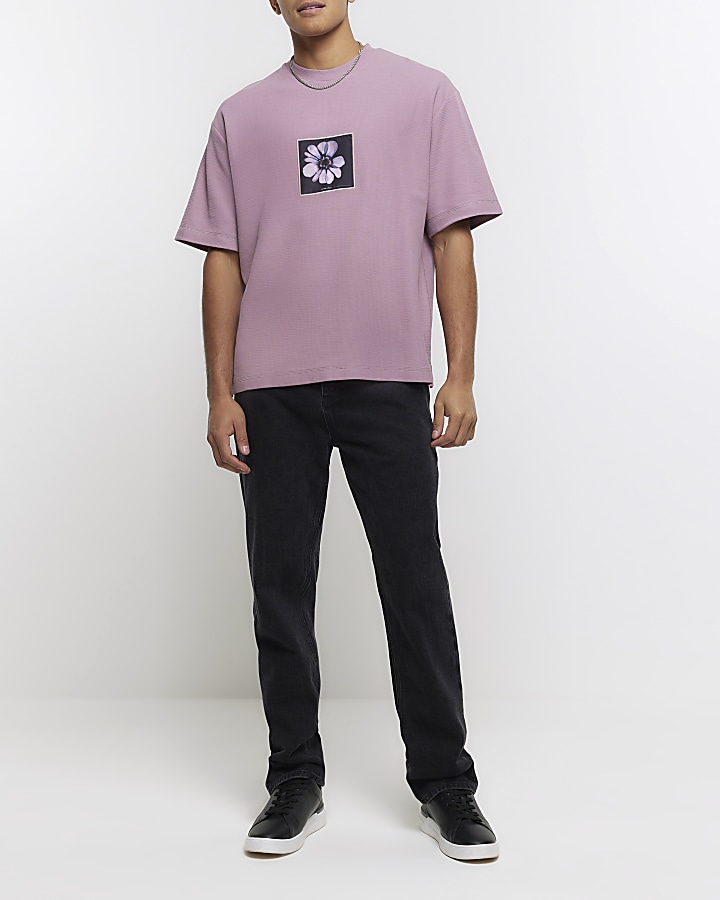 Pink regular fit floral patch t-shirt