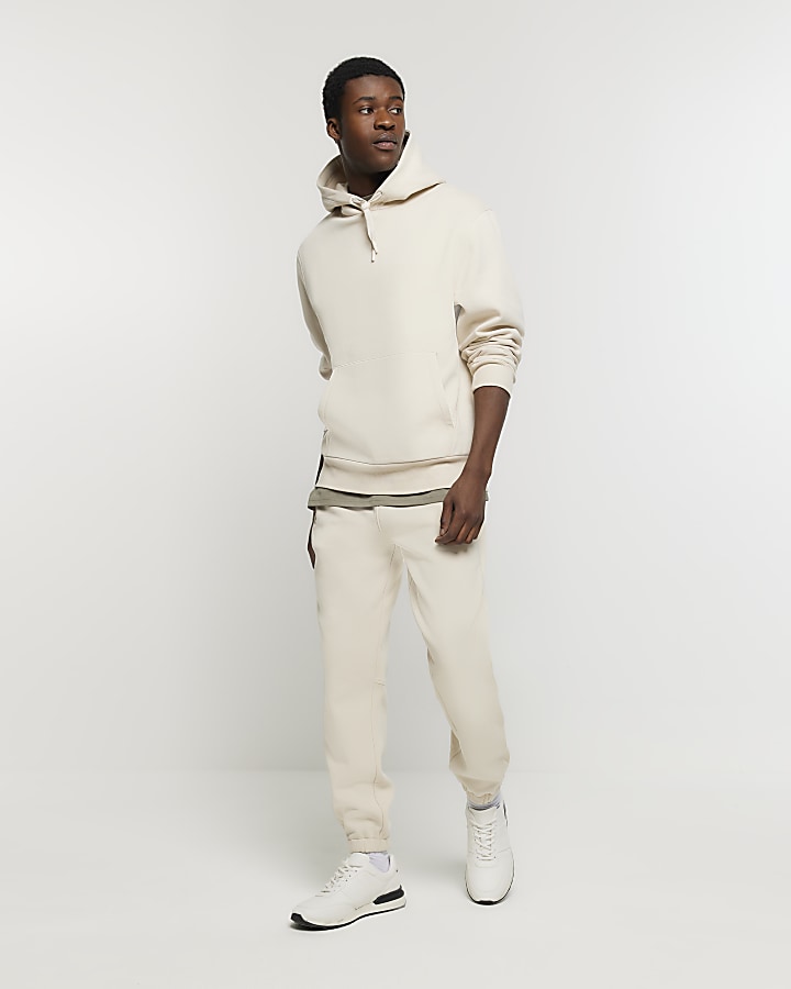 Beige regular fit rib panel joggers