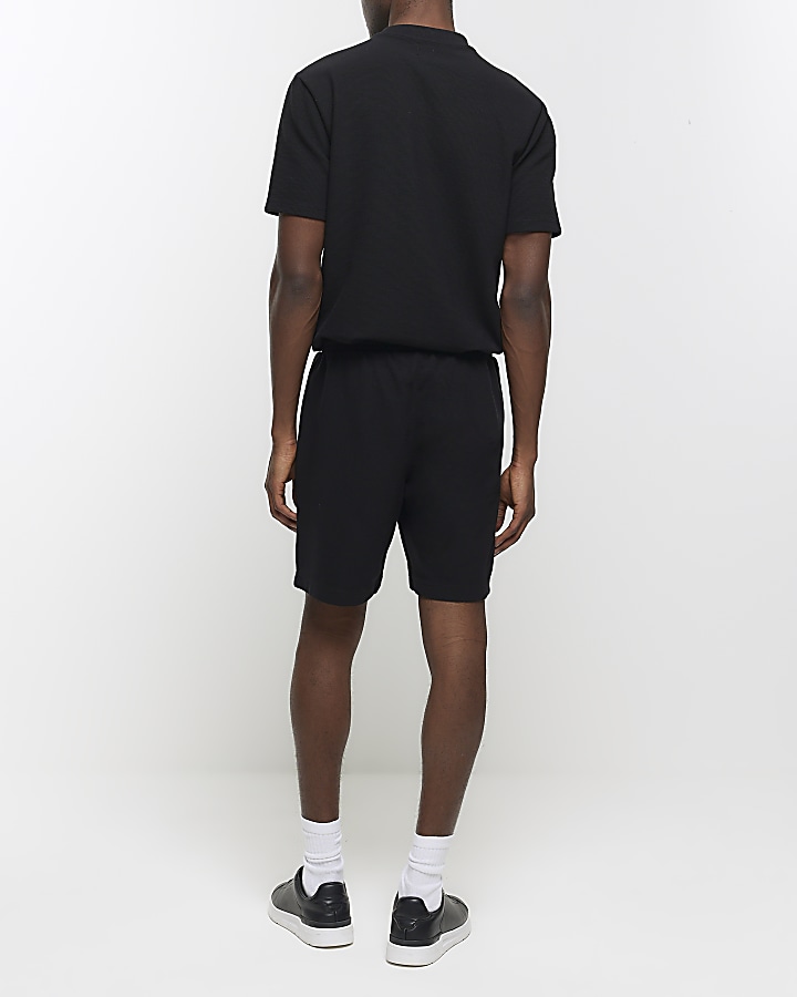 Black slim fit textured pull on shorts