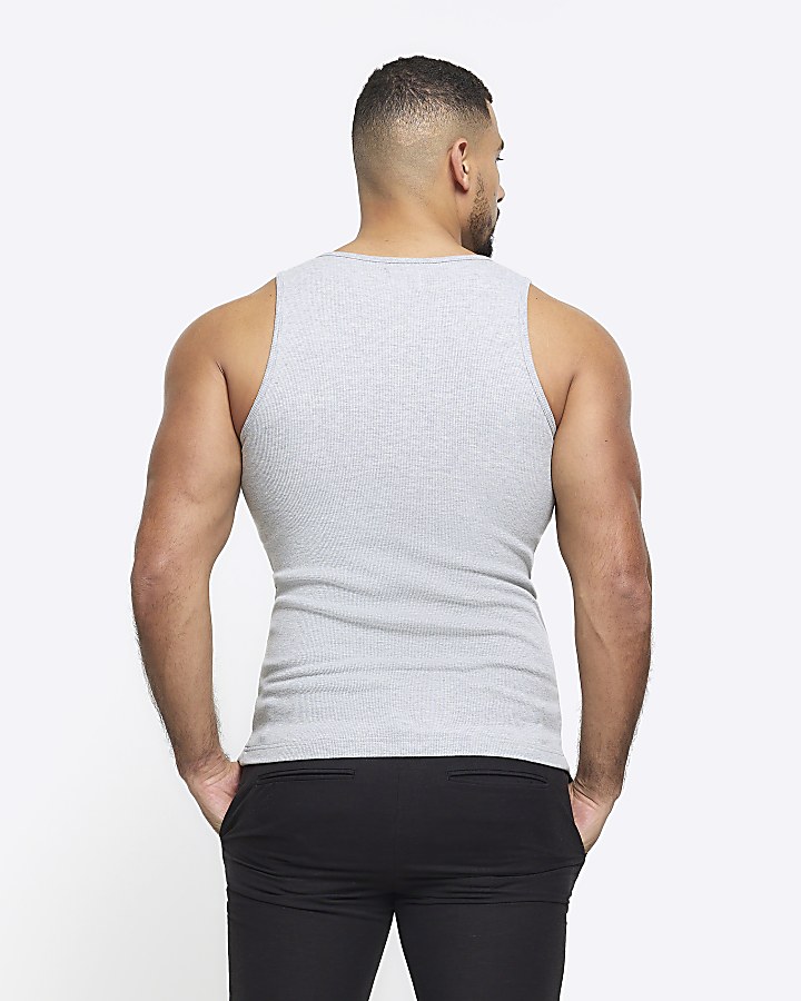 Grey muscle fit rib vest top