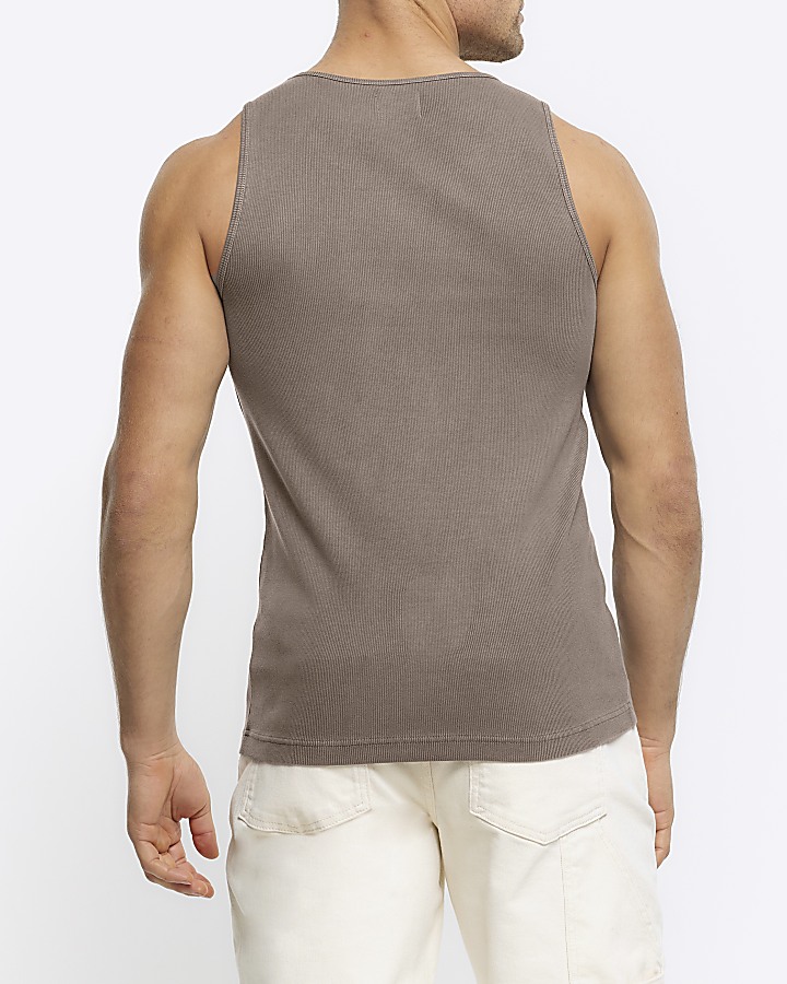 Washed khaki muscle fit rib vest