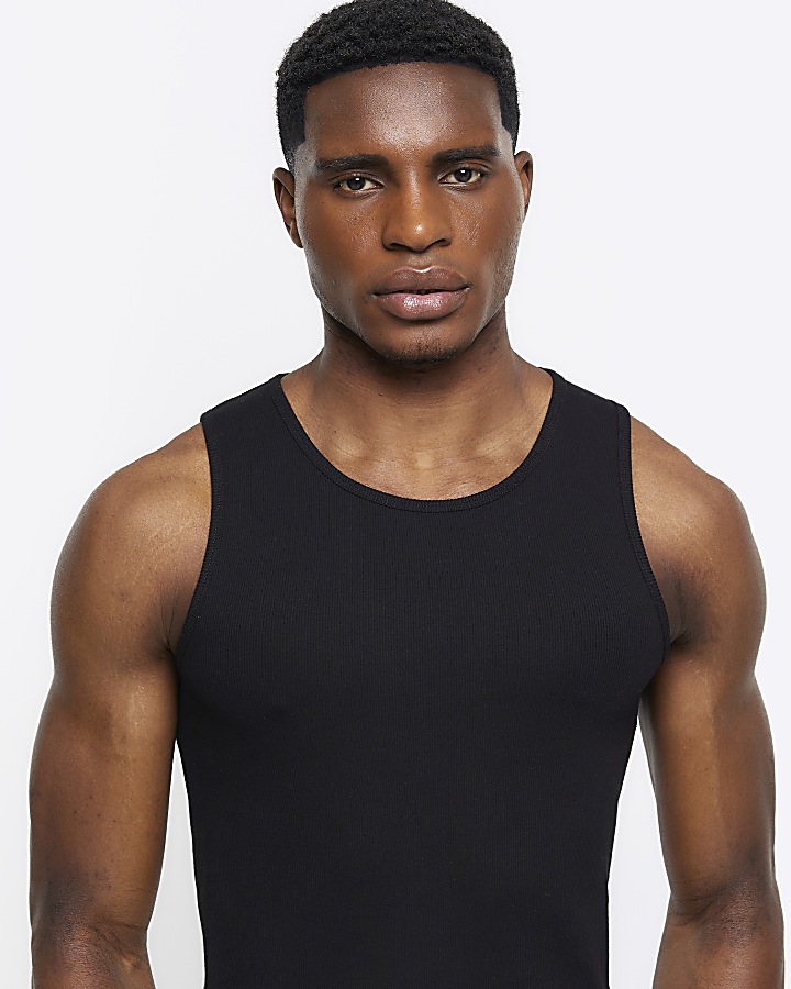Black muscle fit rib vest top