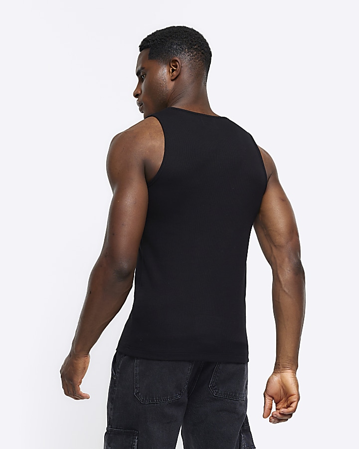 Black muscle fit rib vest top