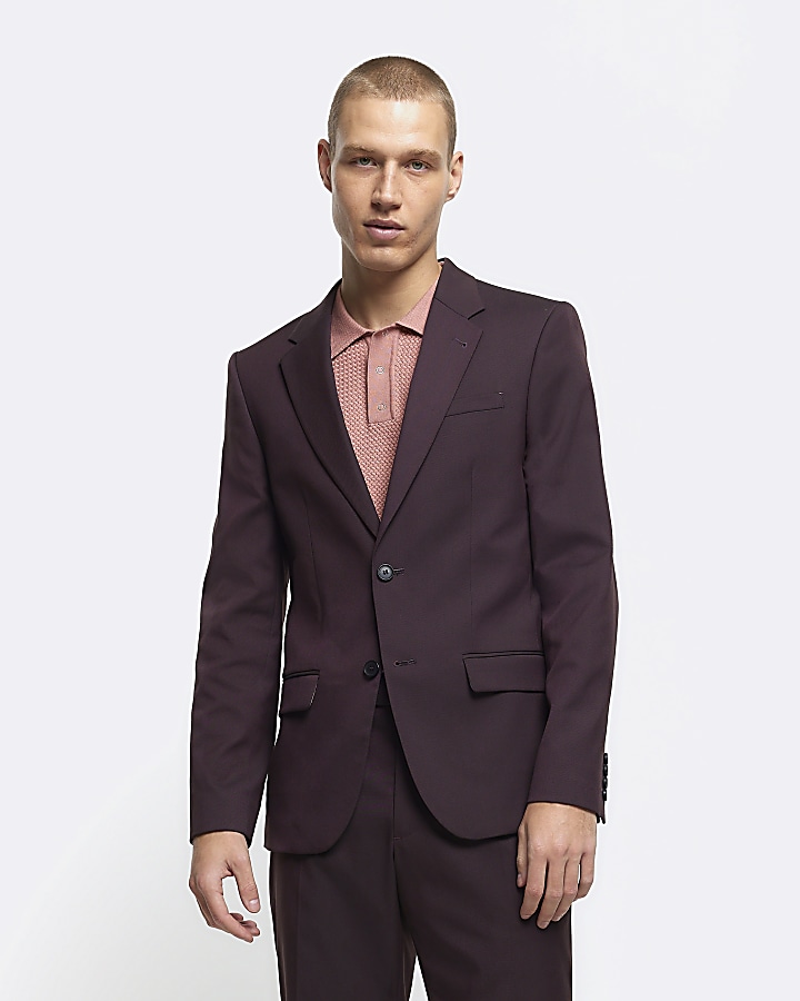 Red slim fit twill suit jacket
