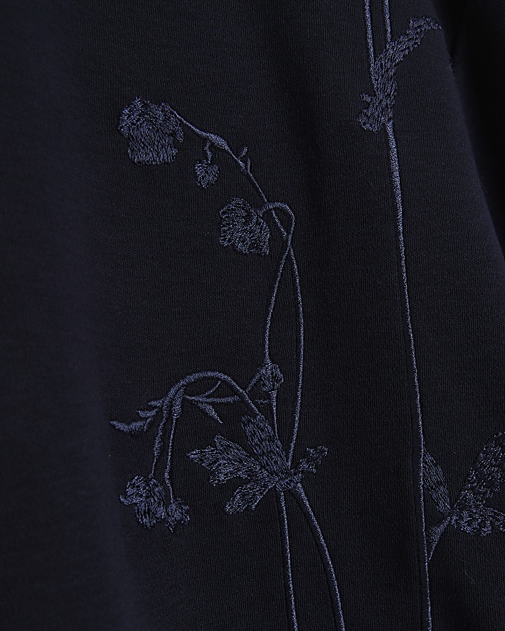 Navy Slim Fit Floral Embroidered T-shirt