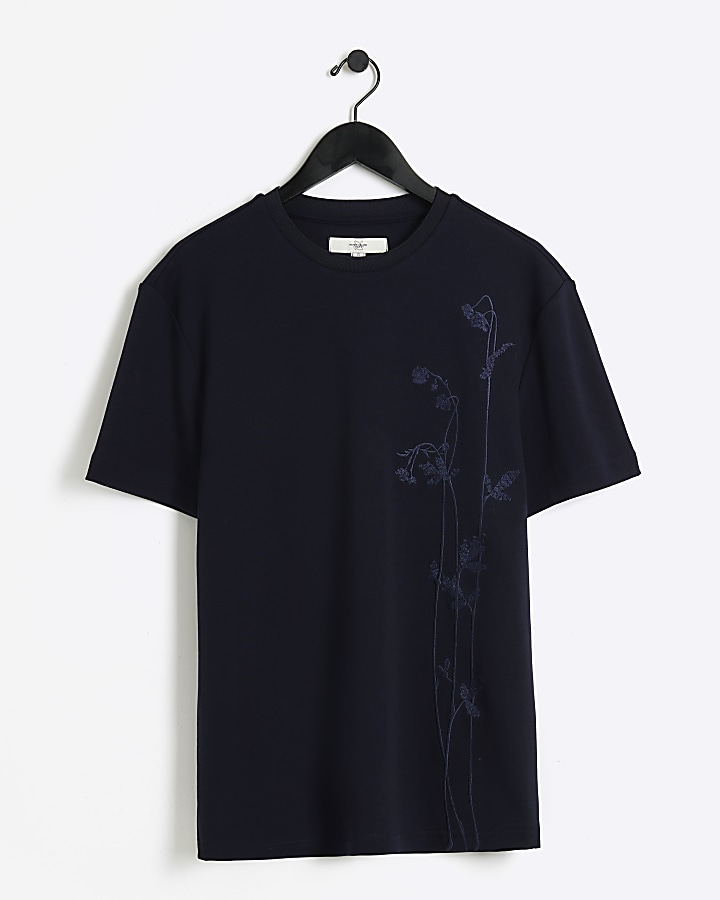 Navy Slim Fit Floral Embroidered T-shirt
