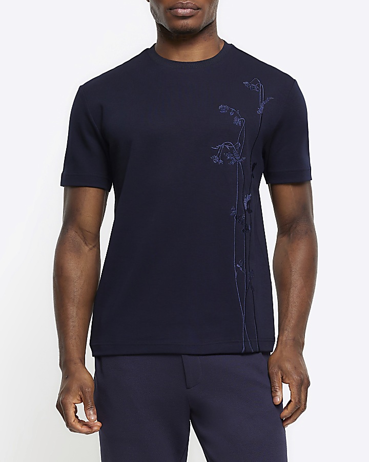 Navy Slim Fit Floral Embroidered T-shirt