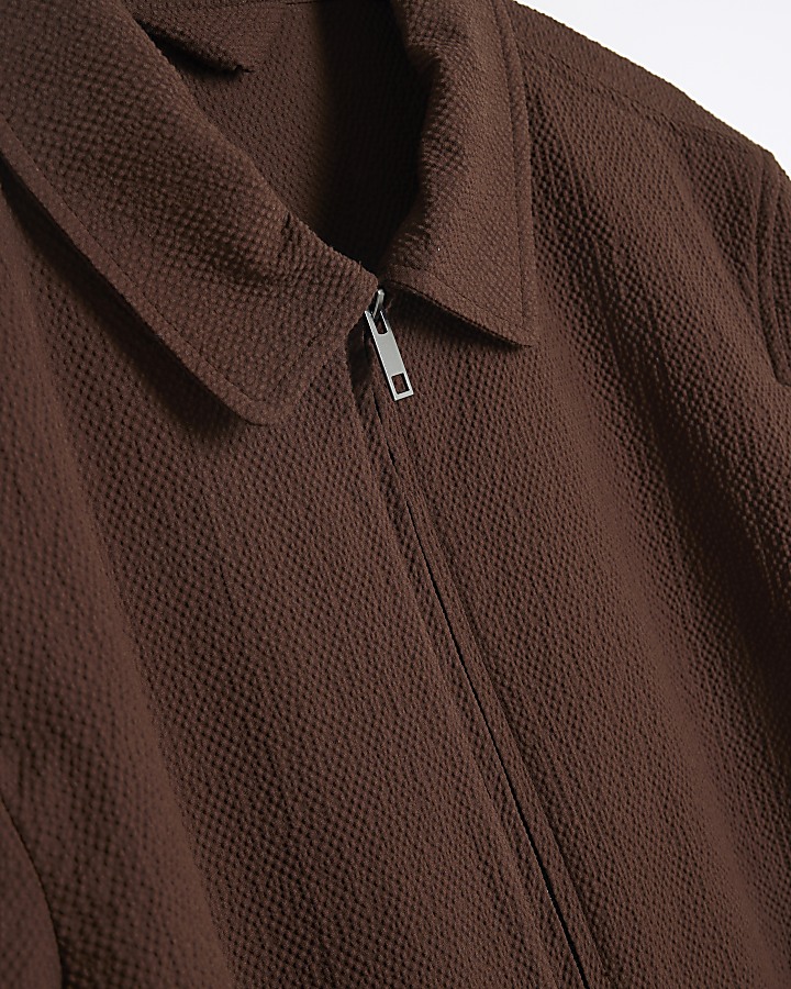 Brown regular fit seersucker zip jacket