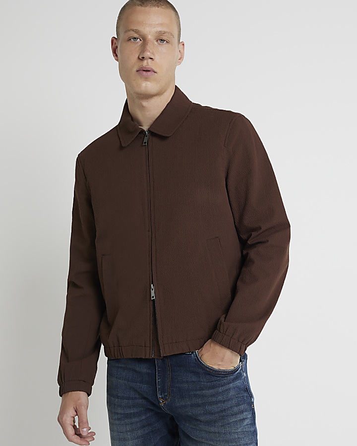 Brown regular fit seersucker zip jacket