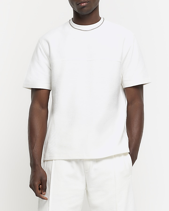 White regular fit rib panel t-shirt