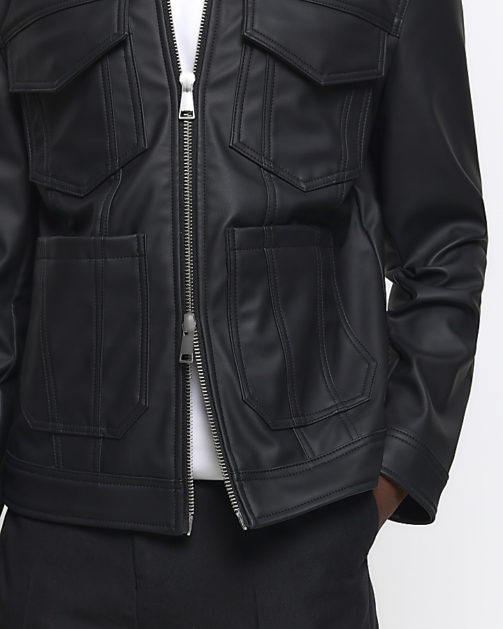Black regular fit faux leather western jacket