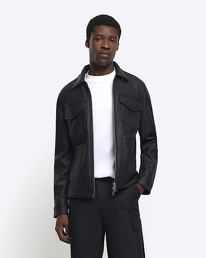 Black regular fit faux leather western jacket