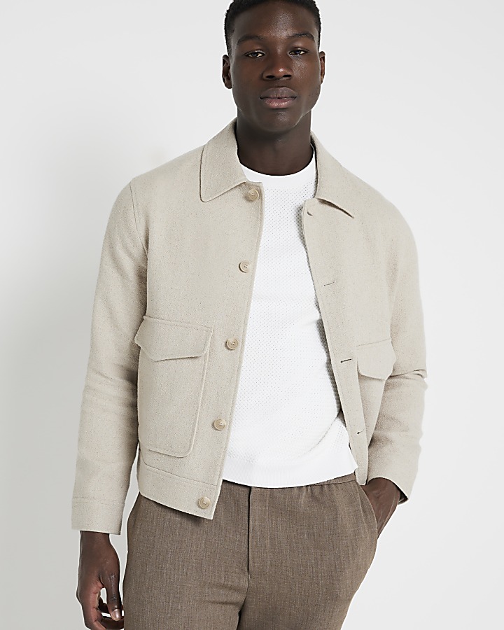 Beige regular fit textured linen blend jacket