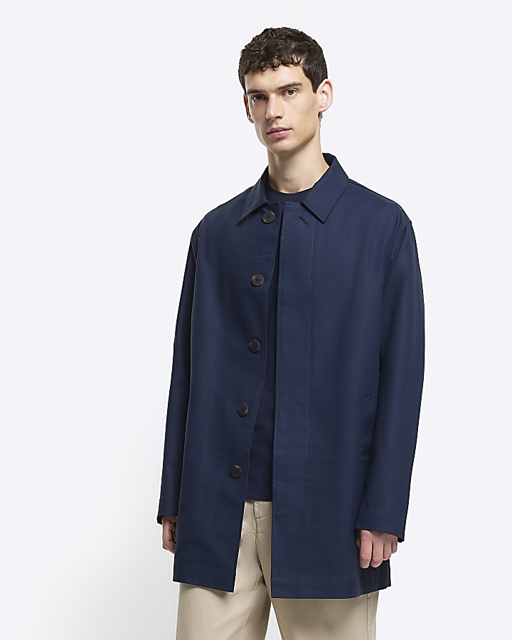 Navy regular fit short smart Mac coat | River Island