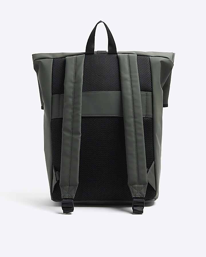 Khaki rubberised roll top backpack | River Island