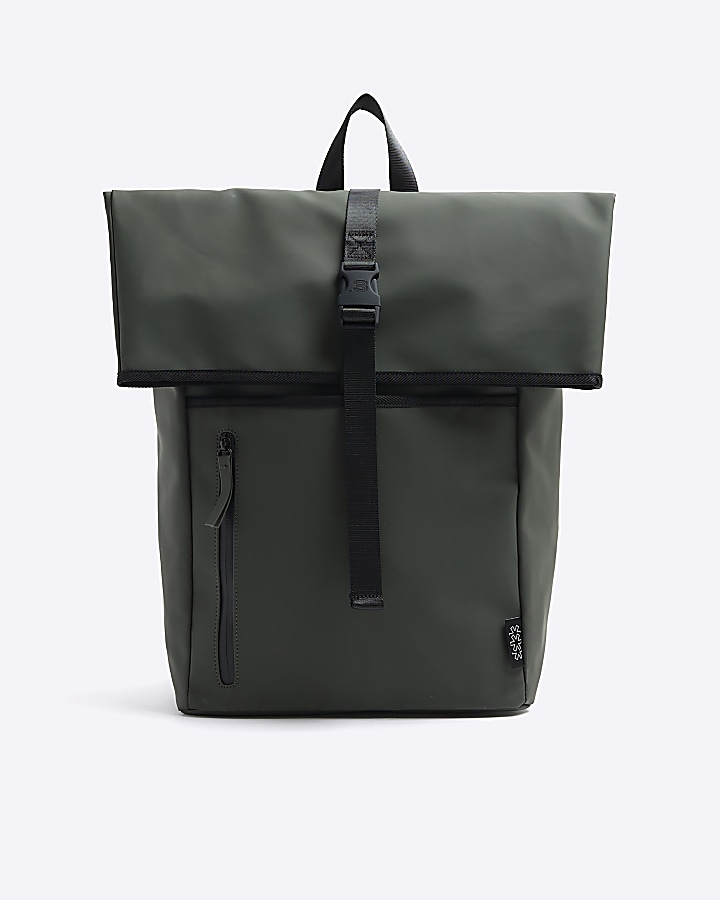 Khaki rubberised roll top backpack River Island