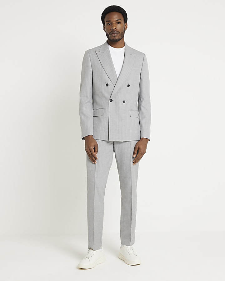 Grey slim fit Crepe Stripe Suit Jacket