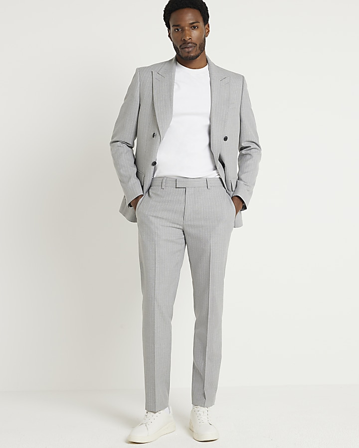 Grey slim fit Crepe Stripe Suit Trousers