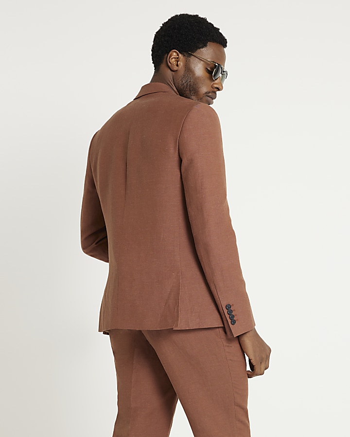 Rust slim fit linen blend suit jacket